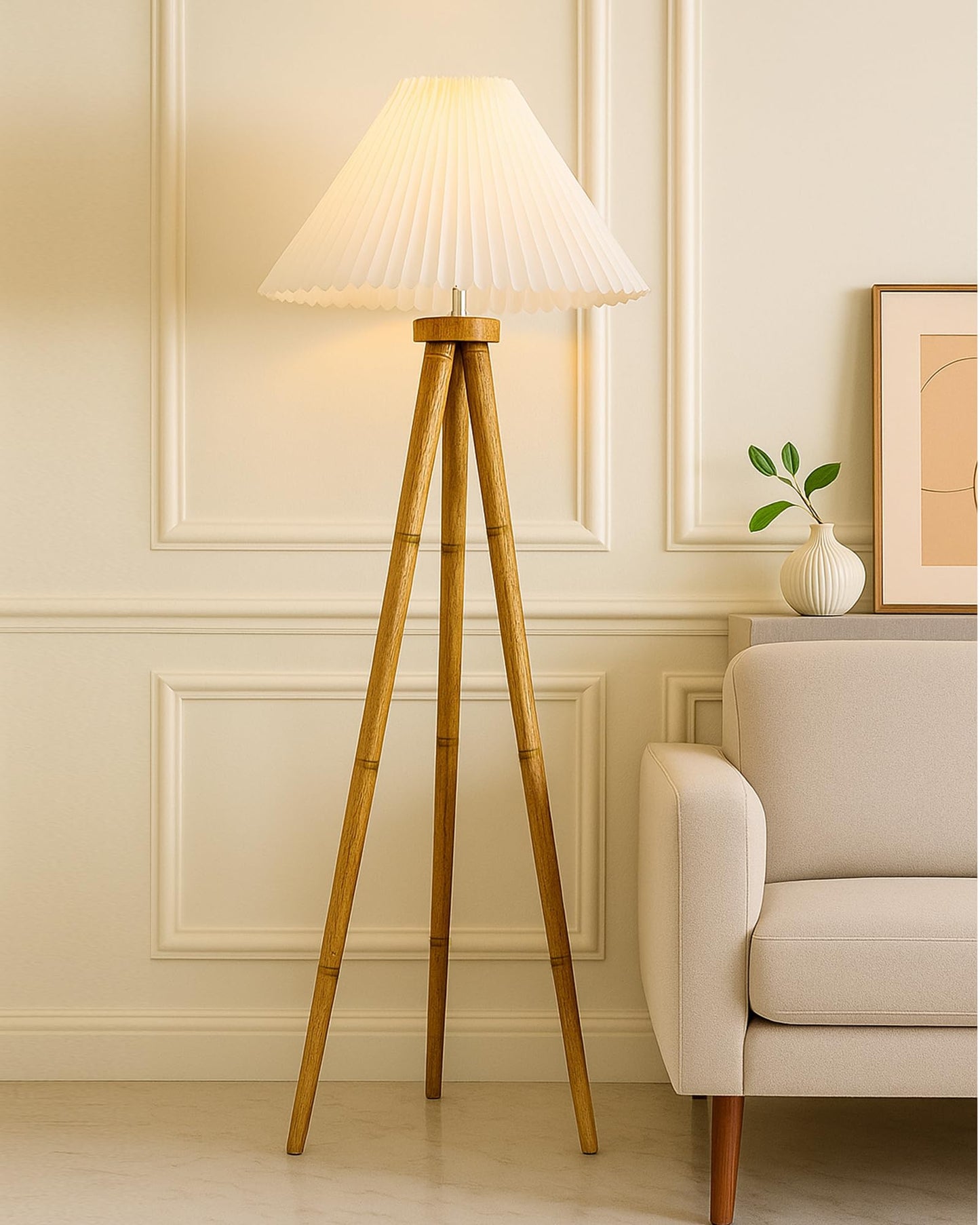 Wood Tripod Floor Lamp, Mid Century Standing Lamp, E27 Lamp Base, With shade Modern Design Floor Reading Lamp for Living Room Bedroom, Study Room and Office