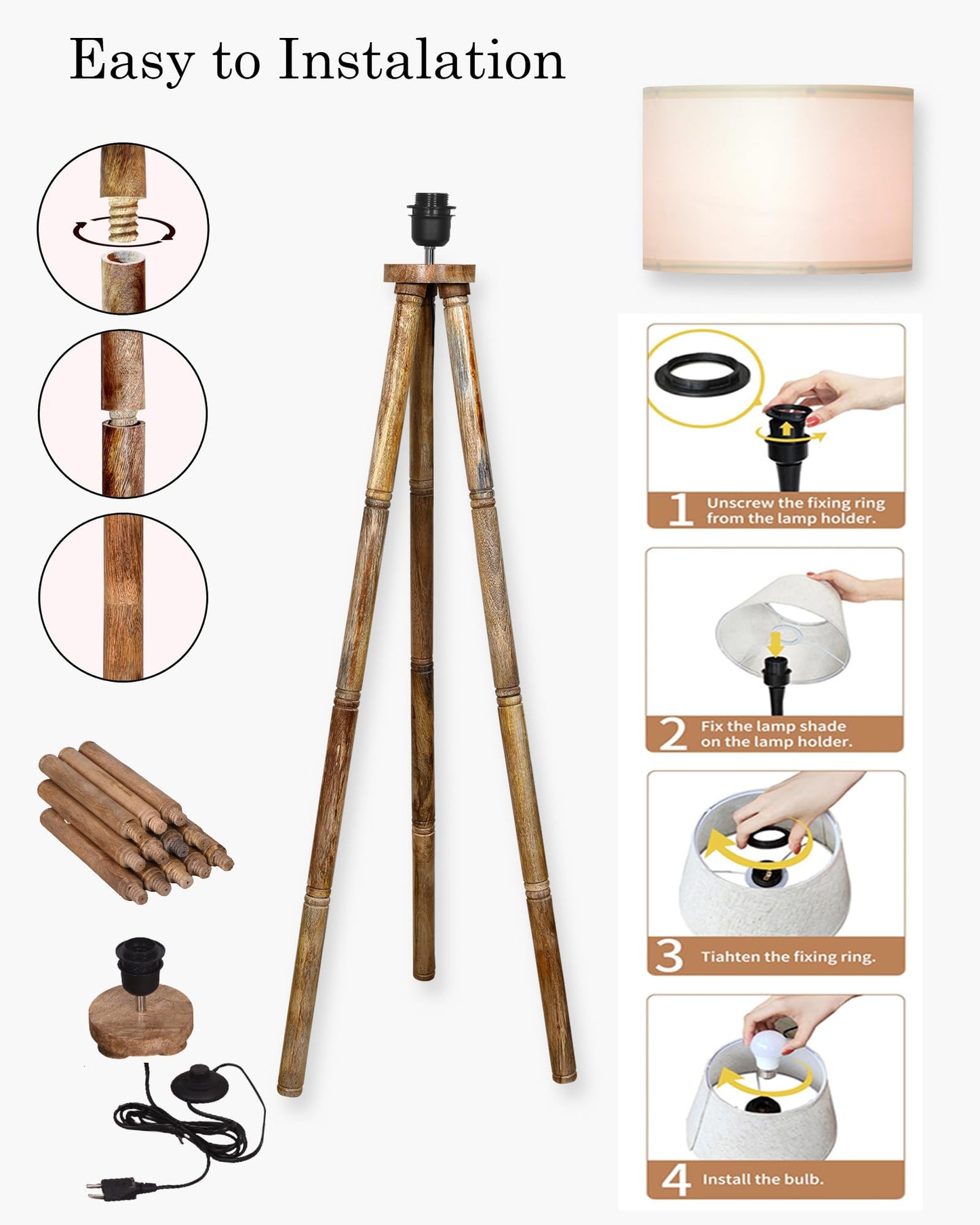 Wood Tripod Floor Lamp, Mid Century Standing Lamp, E27 Lamp Base, With shade Modern Design Floor Reading Lamp for Living Room Bedroom, Study Room and Office