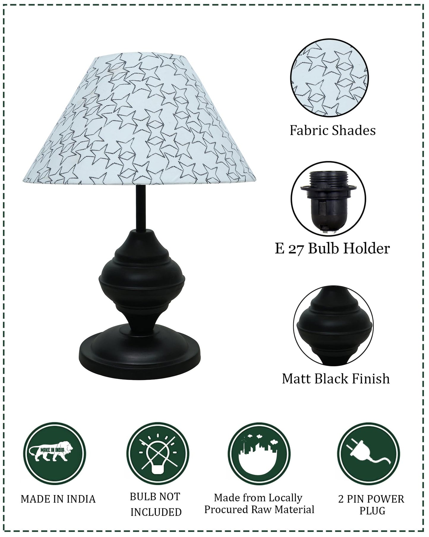 Black Metal Table Lamp | for Living Room | Modern Bedside Light with Pleated Shade | Decorative Night Lamp for Bedroom, Study, Office | Home Decor Lighting, E27 holder, Urn