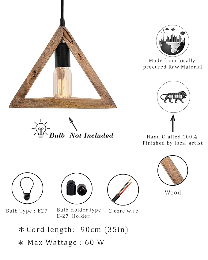 Wooden Triangle Hanging Light with Holder