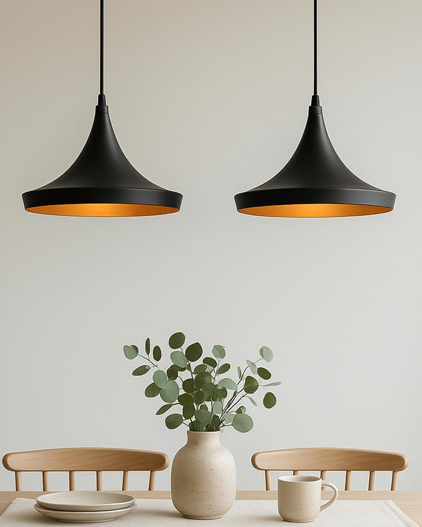 Homesake® E26/E27 Single Head Metal Danish Shade Pendant Vintage Hanging Ceiling Light, Black Set of 2