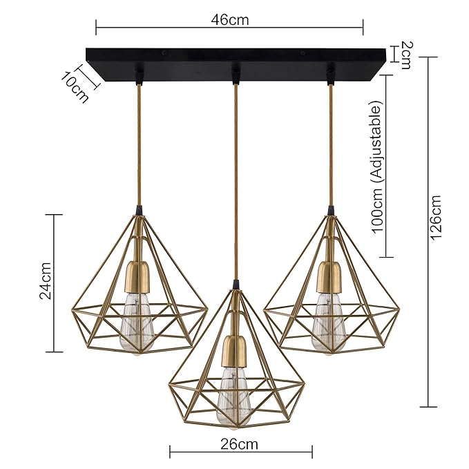 3-lights Linear Cluster Chandelier Golden Diamond hanging Pendant Light, kitchen area and dining room light