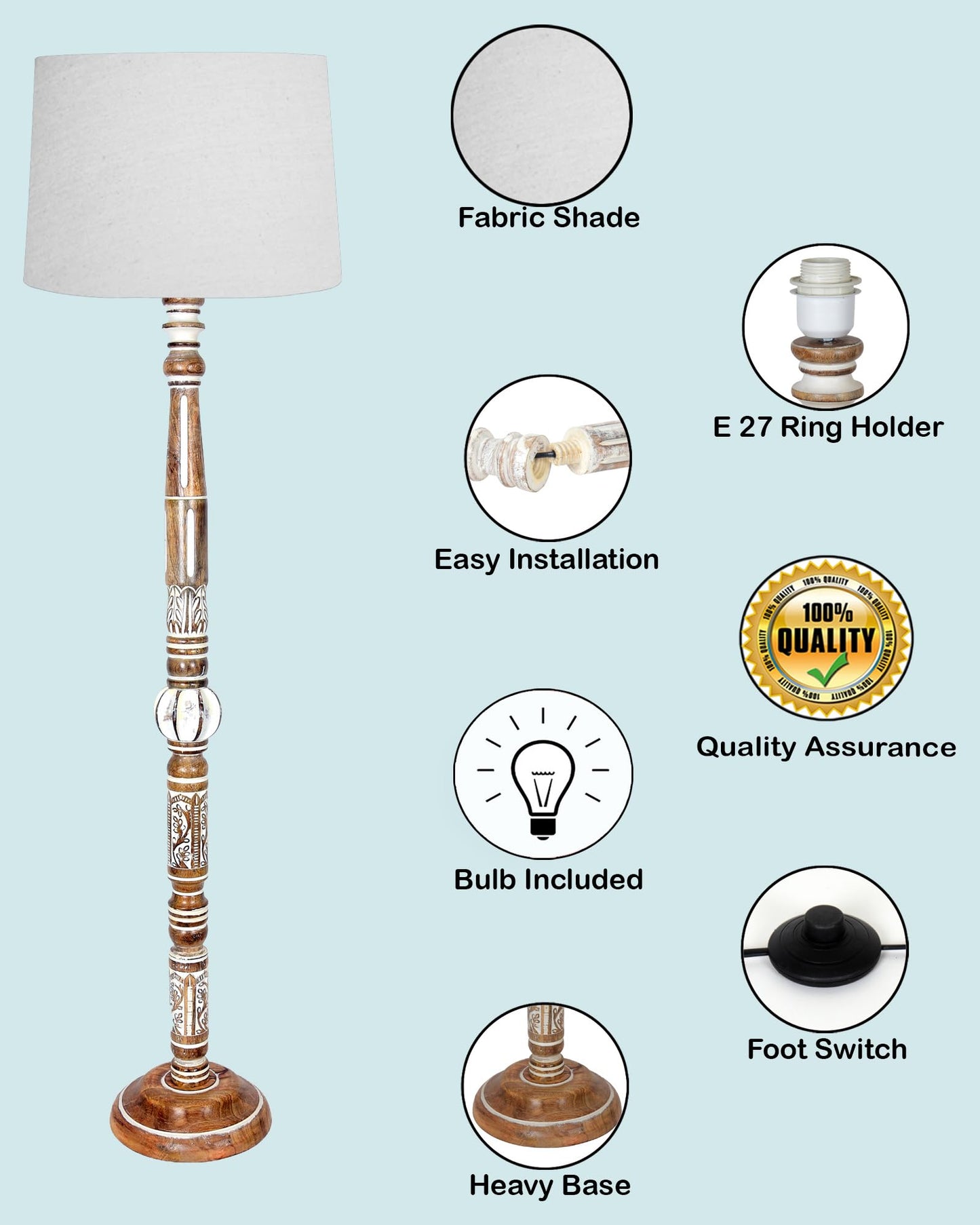 Royal Carving Antique white finish wooden floor lamp with Beige Fabric Lamp Shade