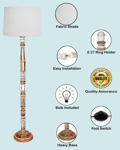 Royal Carving Antique white finish wooden floor lamp with Beige Fabric Lamp Shade