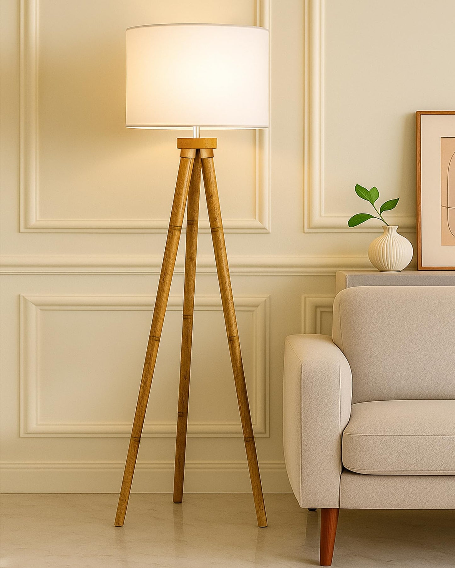 Wood Tripod Floor Lamp, Mid Century Standing Lamp, E27 Lamp Base, With shade Modern Design Floor Reading Lamp for Living Room Bedroom, Study Room and Office