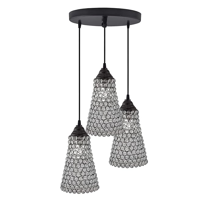 3-lights Round Cluster Chandelier  Crystal Cone Hanging Pendant Light with Braided Cord