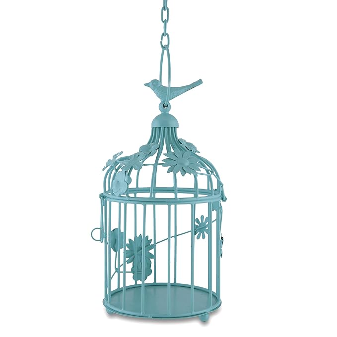 Turquoise Bird Cage with Floral Vine Small Single, with Hanging Chain