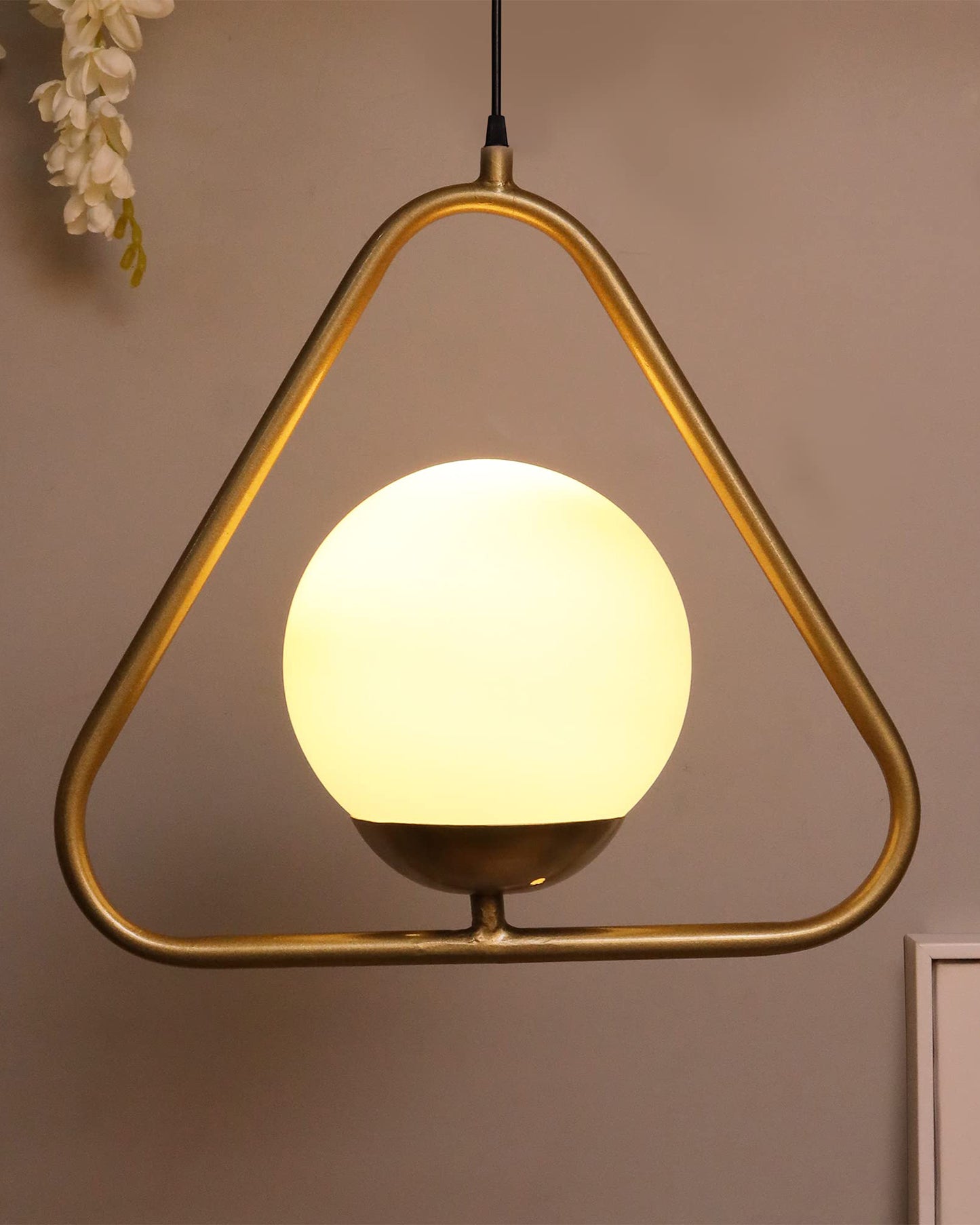 Mid Century Modern Light Chandelier Lighting, White Frosted Glass Globe Lampshade Pendant Indoor Hanging Light Fixture, Golden Triangle