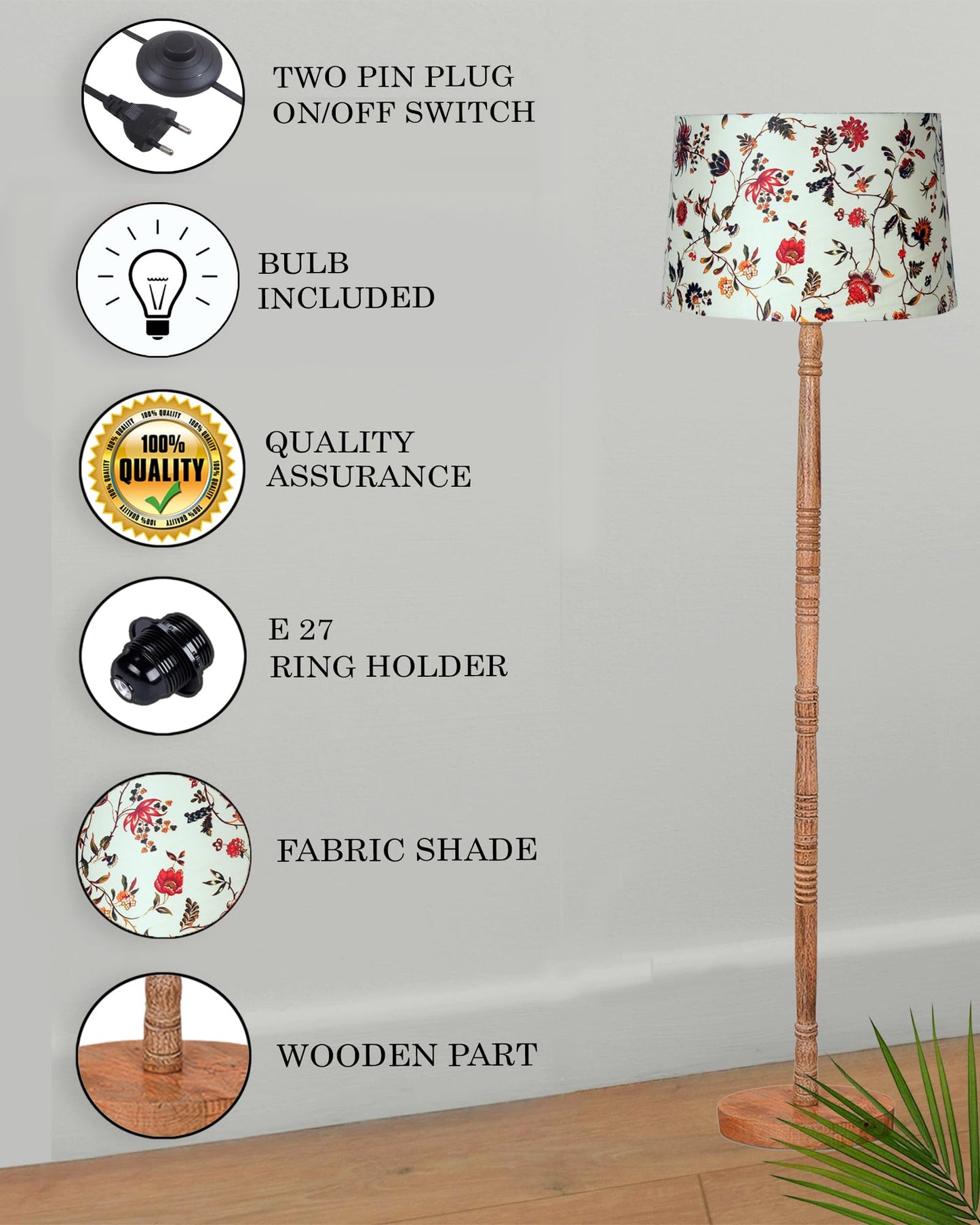 Homesake® Mid Century Modern Floor Lamp for Living Room | Hand turned | Corner Lamp for Living Room, Stand Lamp with Fabric Lampshade for Bedroom, Study Room and Office, (Vine and Flowers)