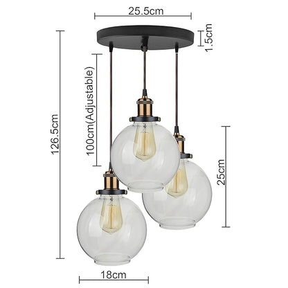 3-Lights Round Cluster Chandelier Modern Glass Globe Hanging Light, Antique Socket, E27 Holder, Kitchen Island Ceiling Light URBAN Retro