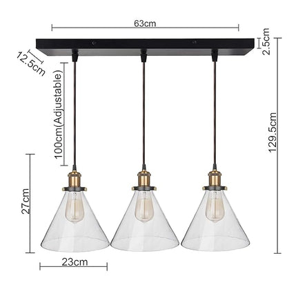 3-Lights Linear Cluster Chandelier Modern Glass Cone Shaped Hanging Light, Antique Socket, E27 Holder, Decorative, Black, URBAN Retro, Nordic Style
