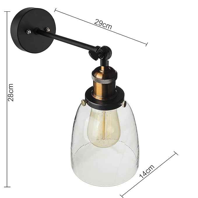 Edison Industrial Glass Bell Wall Lamp, Vintage Industrial Loft, E27 Holder, Decorative, Swing Wall Light, Filament/LED