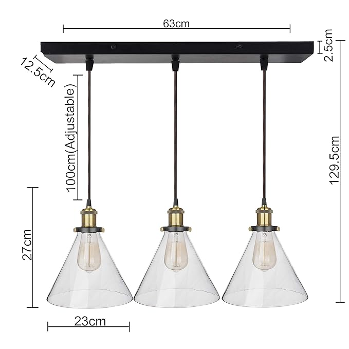 3-Lights Linear Cluster Chandelier Modern Glass Cone Shaped Hanging Light, Antique Socket, E27 Holder, Decorative, Black, URBAN Retro, Nordic Style