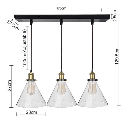 3-Lights Linear Cluster Chandelier Modern Glass Cone Shaped Hanging Light, Antique Socket, E27 Holder, Decorative, Black, URBAN Retro, Nordic Style