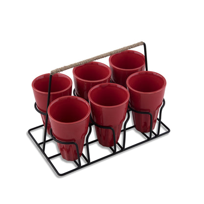 Homesake® Ceramic Chai Glass Set with Metal Stand, 6 Pieces Red Tea Glasses, Coffee, Kitchen, Dining Table & Home Serving, Dishwasher & Microwave Safe Tea Set, Hot & Cold Coffee Cup-120ml