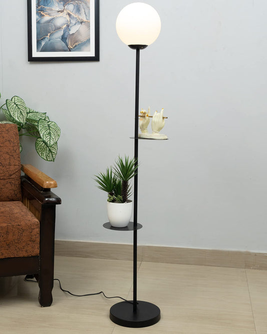 Homesake® Contemporary Duo Shelf Metal Floor Lamp for Living Room | Bedside Side Lamp for Living room Office Home Decor Standing Lamp | Black, White Globe (Black)