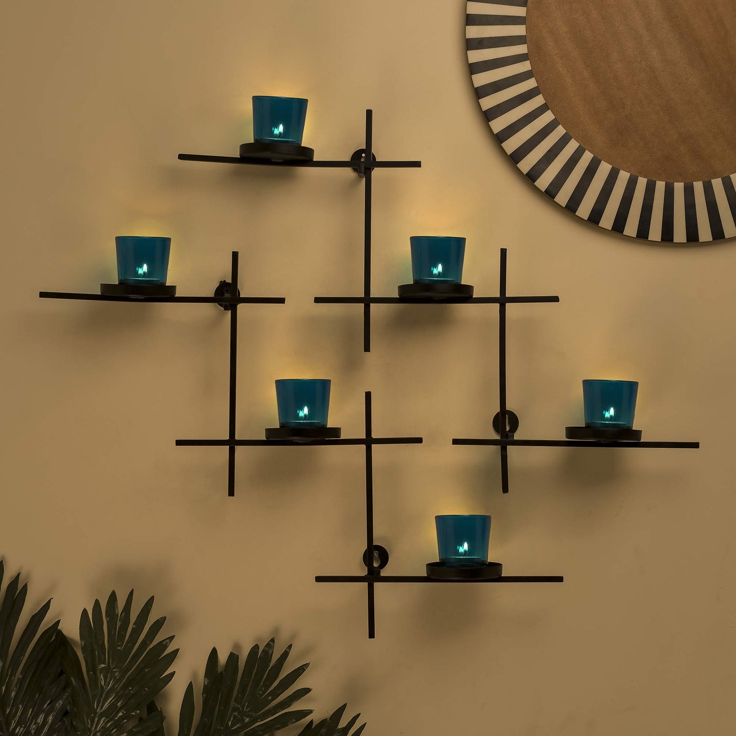 Homesake® Black Scorching Ladder with Six Votive Green, Wall Hanging Candle Tealight Holder, Set of 2