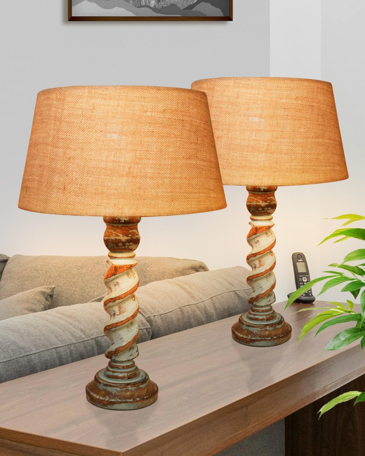 Signature Rustic Table Lamp set of 2, farmhouse Living Room Bedroom House Bedside Nightstand Home Office Reading Light, Rope Distress
