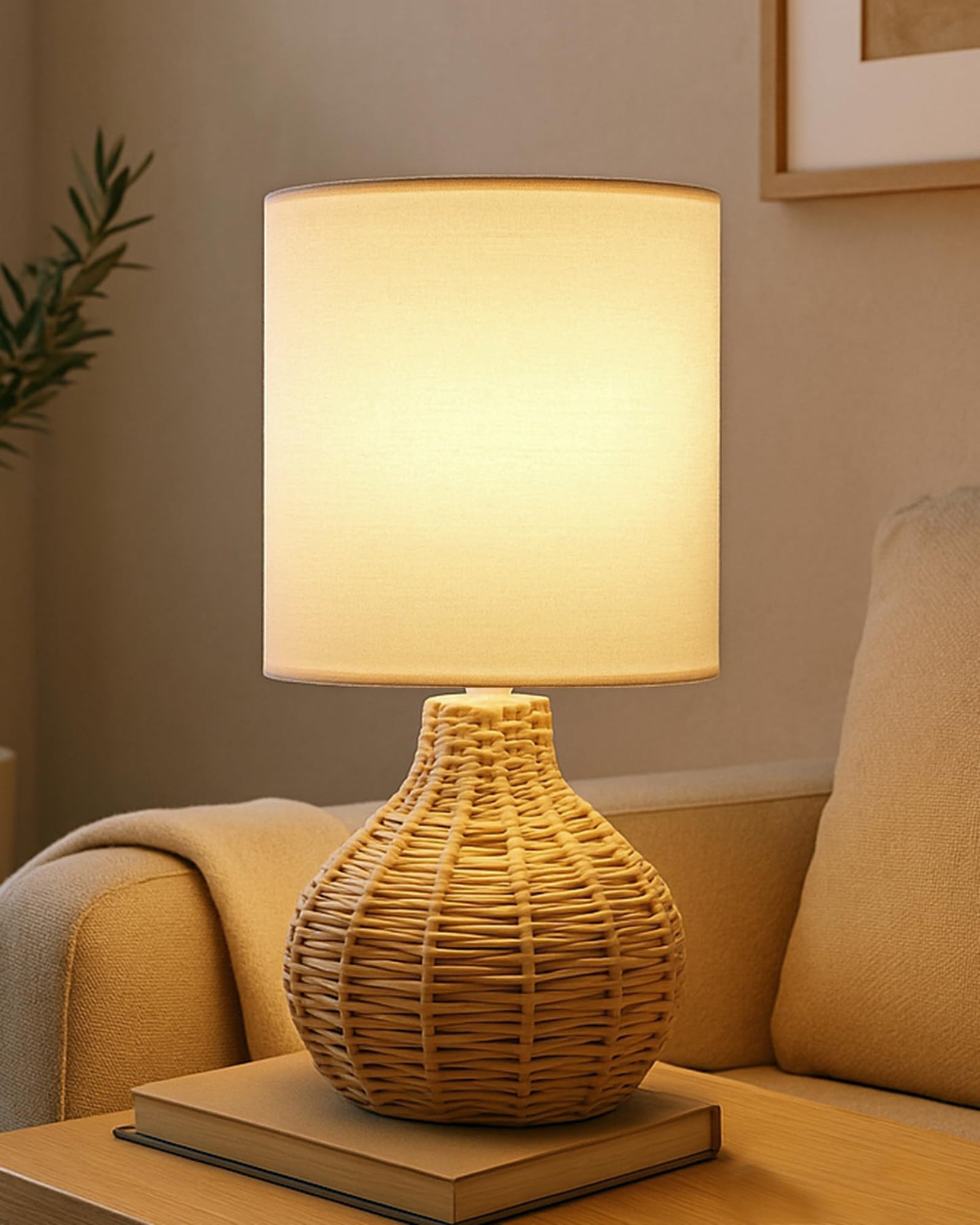 Homesake® Raffia Rattan Table Lamp, Small Nightstand Lamp with Linen Fabric Lampshade, Bedside Lamp for Bedroom, Living Room, Study & Livra Home Décor | Warm Ambient Lighting (Spinning, Jute)