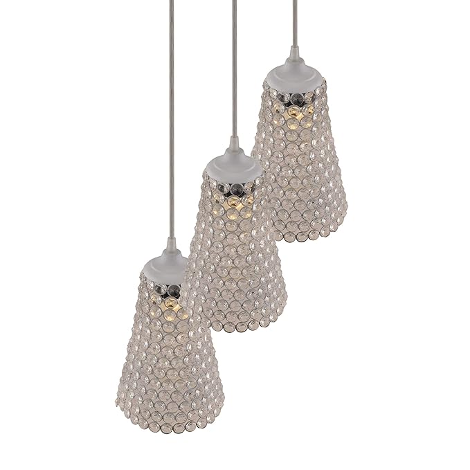 3-lights Round Cluster Chandelier  Crystal Cone Hanging Pendant Light with Braided Cord
