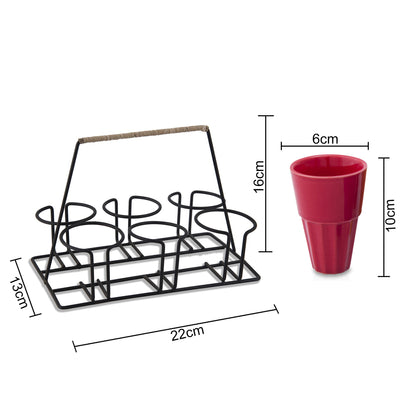Homesake® Ceramic Chai Glass Set with Metal Stand, 6 Pieces Red Tea Glasses, Coffee, Kitchen, Dining Table & Home Serving, Dishwasher & Microwave Safe Tea Set, Hot & Cold Coffee Cup-120ml