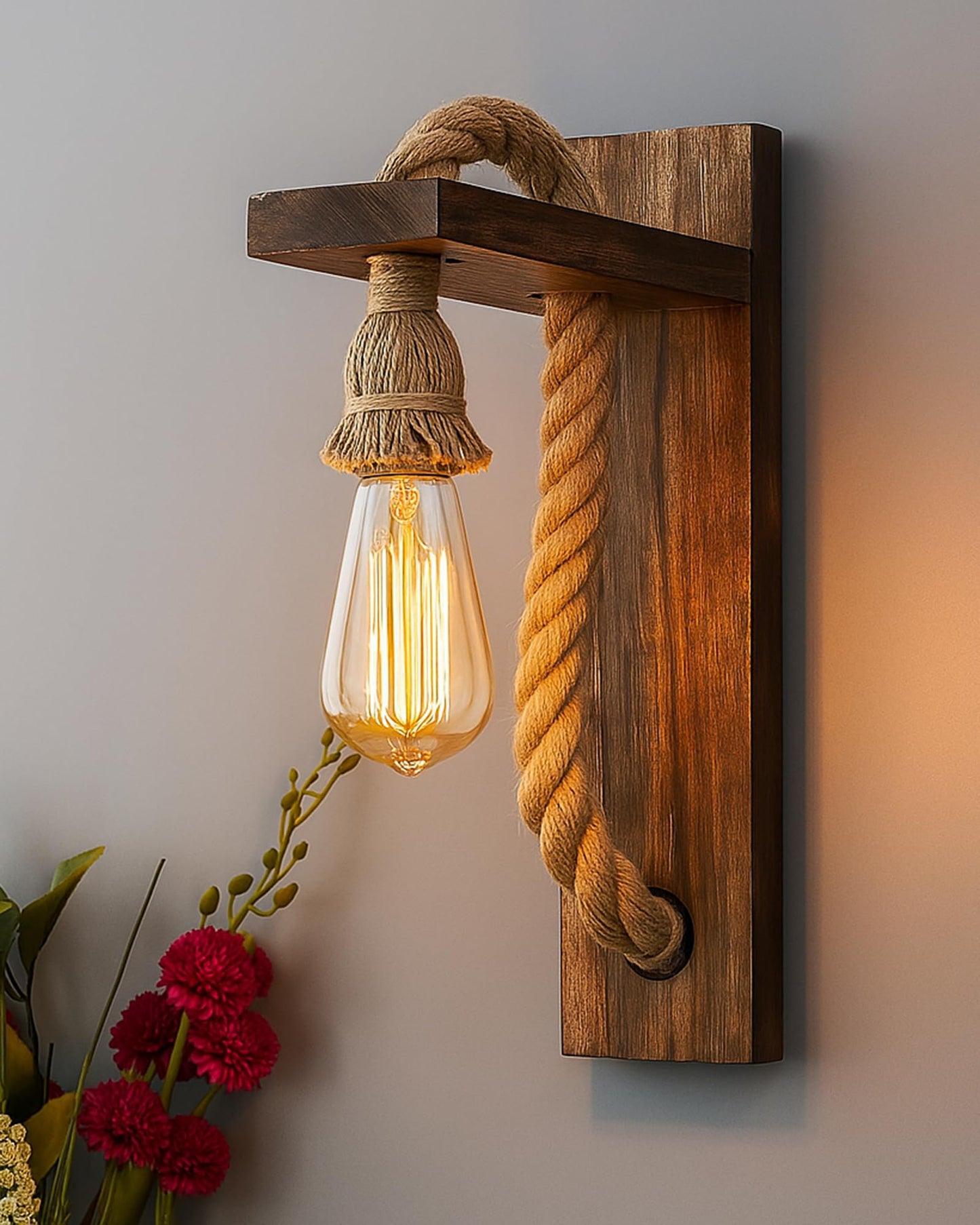 Rope Wall Lamp with Wooden Stand, E27 Holder with LED Filament Bulb, Decorative, Urban Retro Style, Antique Wood