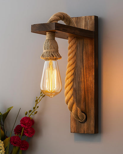 Rope Wall Lamp with Wooden Stand, E27 Holder with LED Filament Bulb, Decorative, Urban Retro Style, Antique Wood