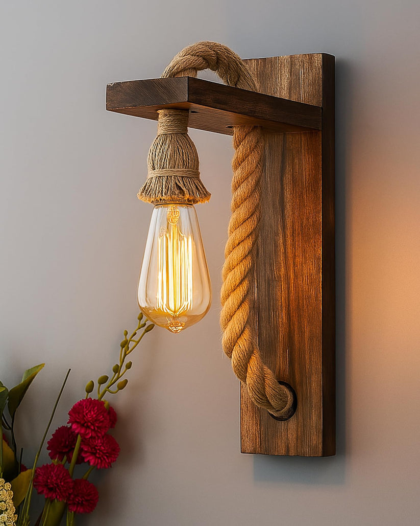 Rope Wall Lamp with Wooden Stand, E27 Holder with LED Filament Bulb, D ...