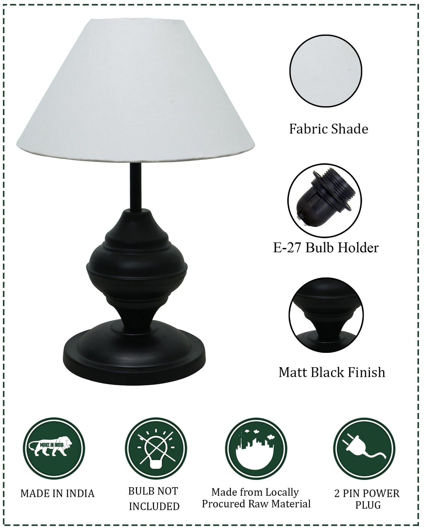 Black Metal Table Lamp | for Living Room | Modern Bedside Light with Pleated Shade | Decorative Night Lamp for Bedroom, Study, Office | Home Decor Lighting, E27 holder, Urn