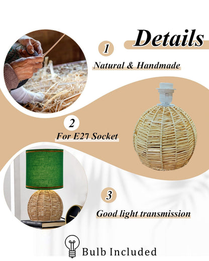 Homesake® Shade Rattan Table Lamp for Bedroom & Living Room, Natural Wicker Bedside Lamp for Bedroom, Living Room & Home Décor, E27 Holder, Livra, Scandinavian, Minimal Style Lighting (Round, Jute)
