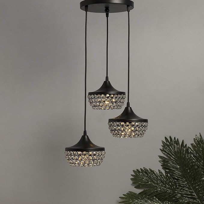 3-lights Round Cluster Chandelier Crystal hanging goblet Pendant Light with Braided Cord