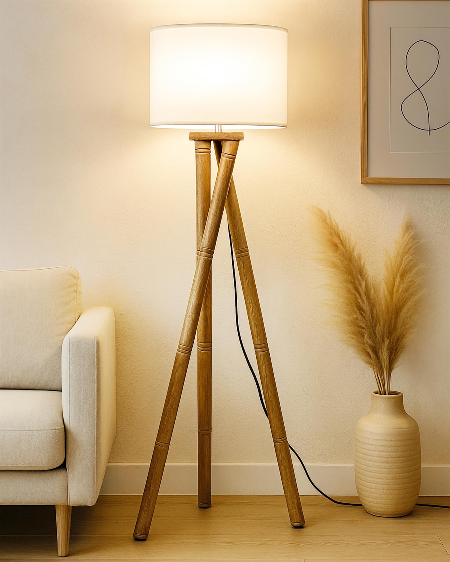 Cross-leg Wood Tripod Floor Lamp, Mid Century Standing Lamp, E27 Lamp Base, With Shade Modern Design Floor Reading Lamp for Living Room Bedroom, Study Room and Office