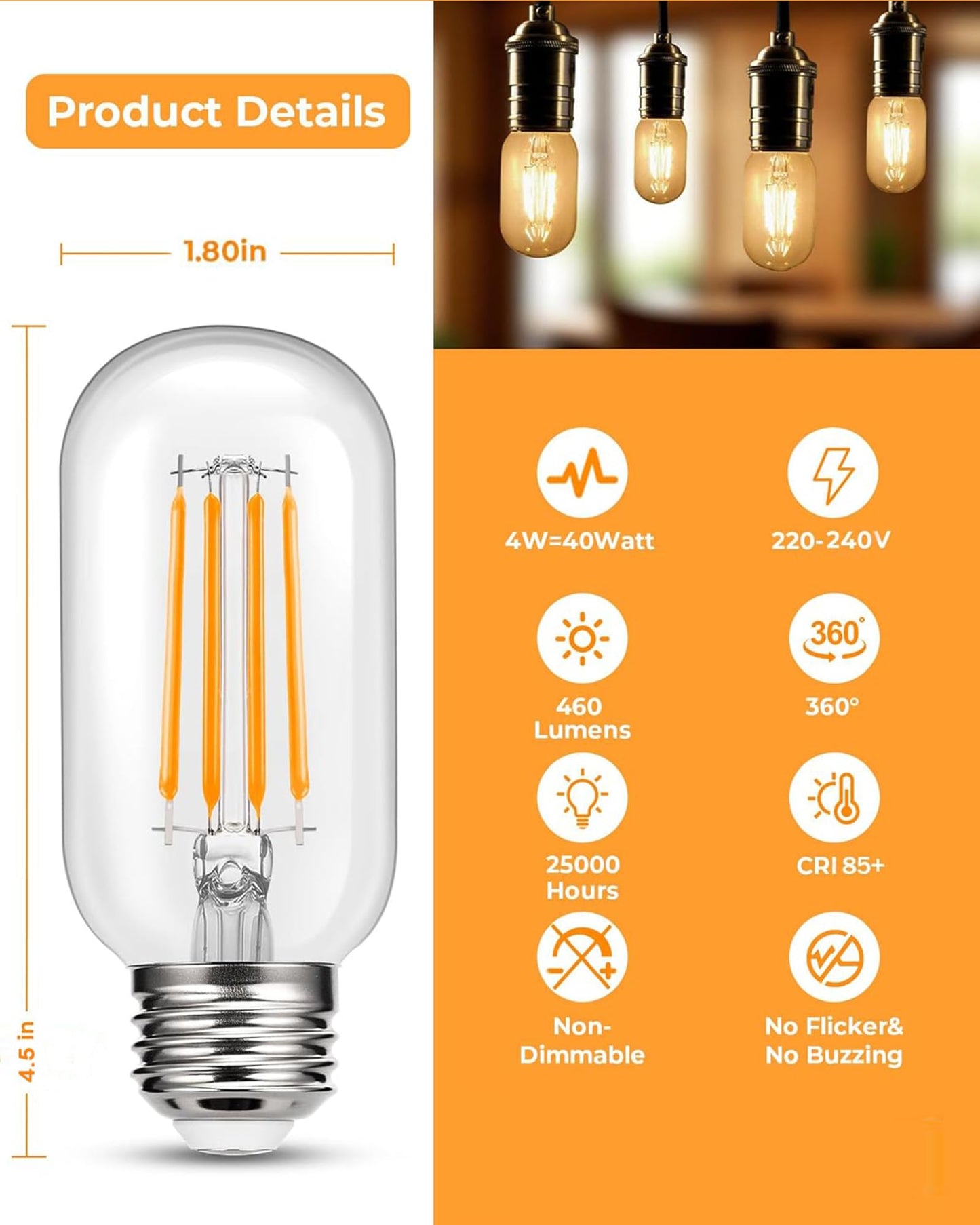 Homesake® Tubular, Radio Edison Tungsten Filament Vintage Antique Light Bulb E27 T45, Squirrel Cage, Energy Saving Light Bulb for Home, Office & Living Room, (Set of 1)