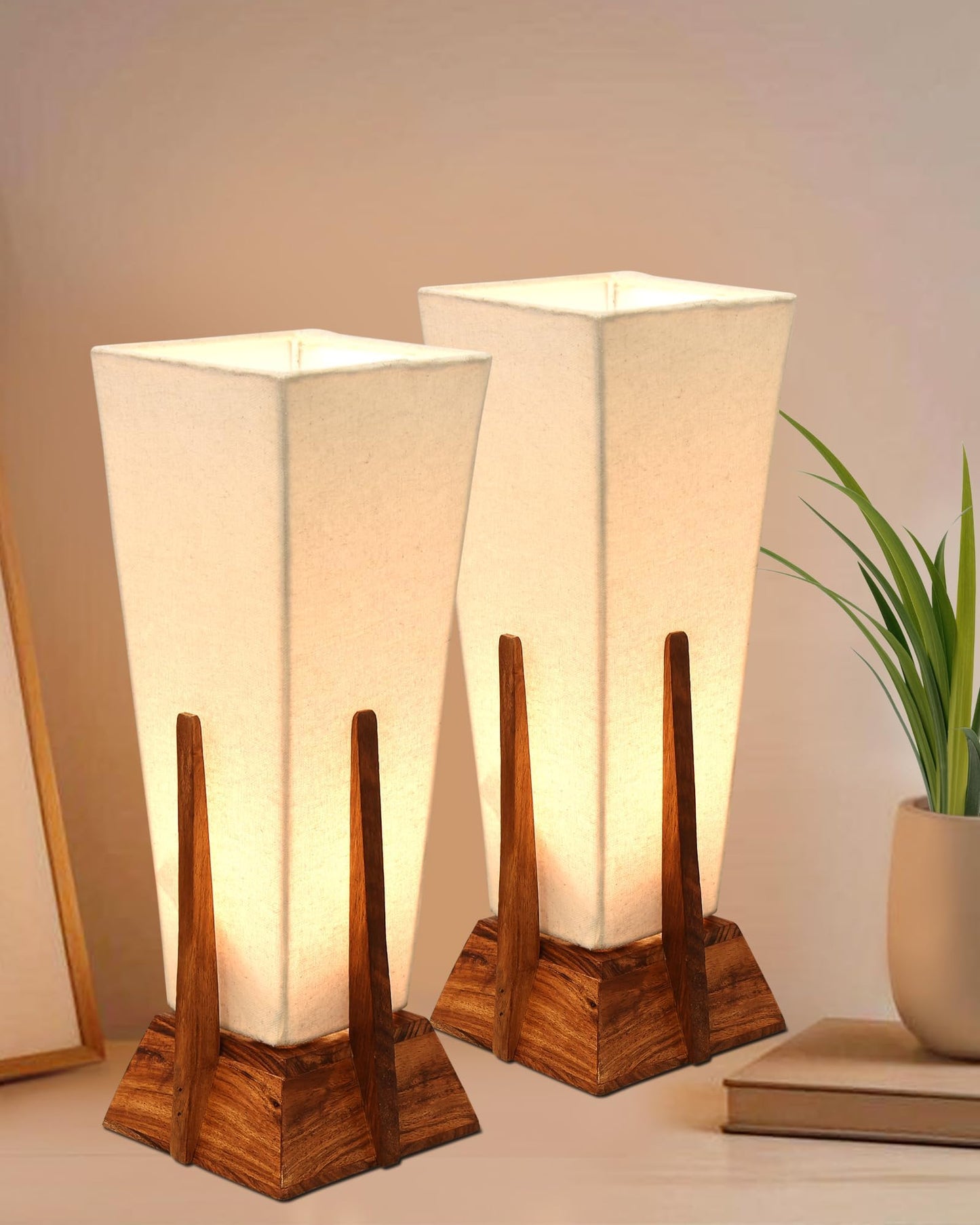 Homesake® Bedside Table Lamp, Retro Style  Wood Pyramid Table Lamp with Khadi Fabric Shade, Nightstand Mini Desk Lamps for Bedroom, Living Room, Baby Room, Bookcase SET OF 2