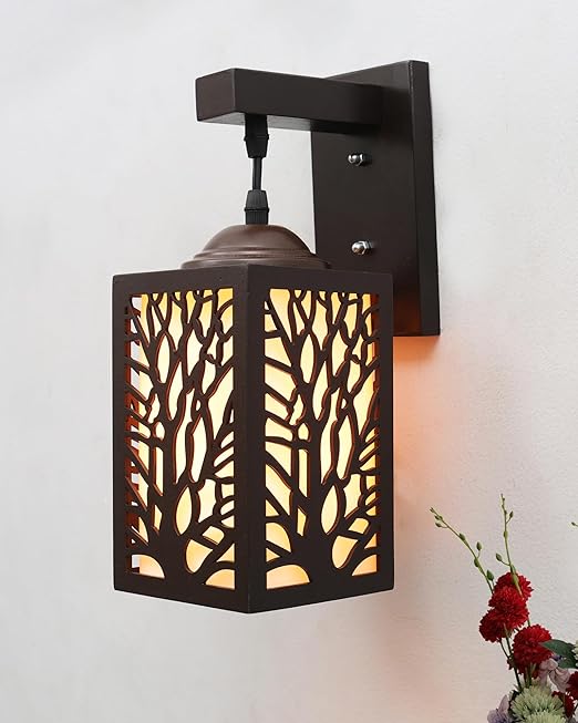 Wooden Modern Floral Pattern Wall Light, Coffee Brown White Frost shade