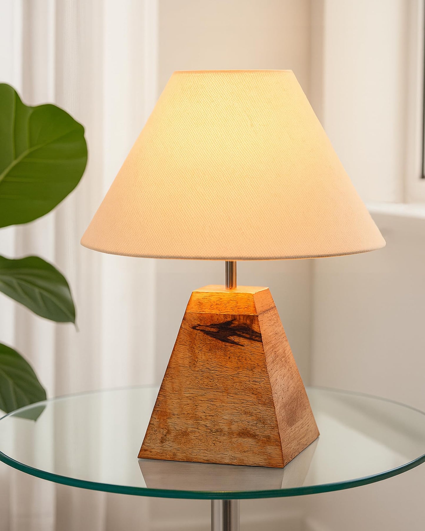 Wood Table Lamp, Modern Base Fabric Lampshade for Home Office Cafe Restaurant, Pyramid
