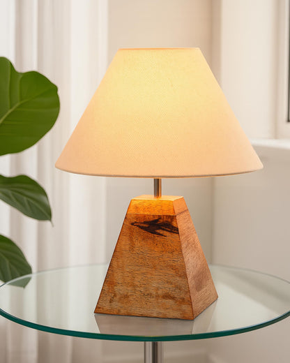 Wood Table Lamp, Modern Base Fabric Lampshade for Home Office Cafe Restaurant, Pyramid