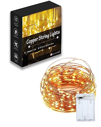 50-LED Fairy Copper String Lights 5m Waterproof, 3AA Battery, Warm White