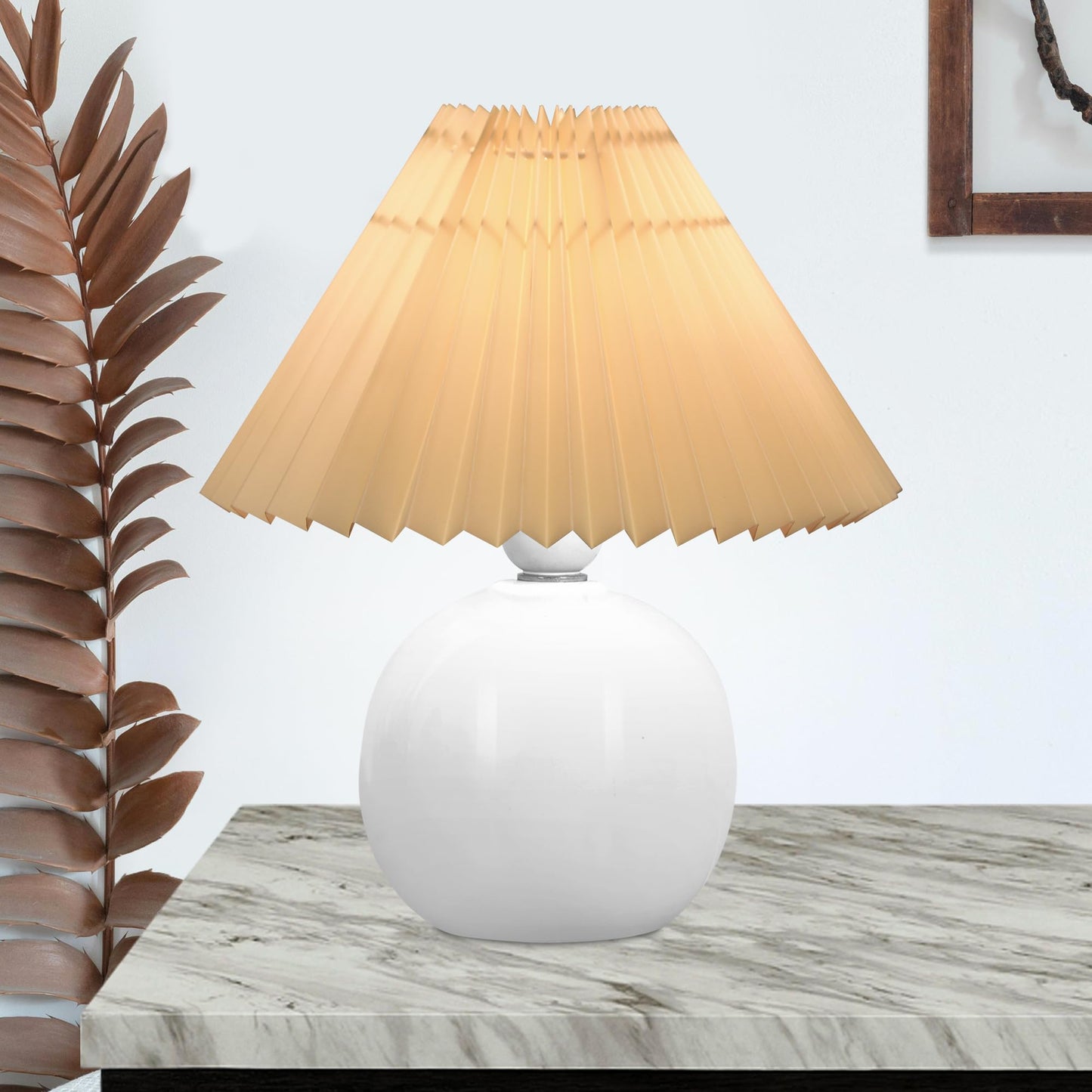 Bedside White Ceramic Table Lamp, Classic Desk lamp for Living Room Bedroom, Farmhouse Nightstand Lamps Round with Jute Pleated Shade