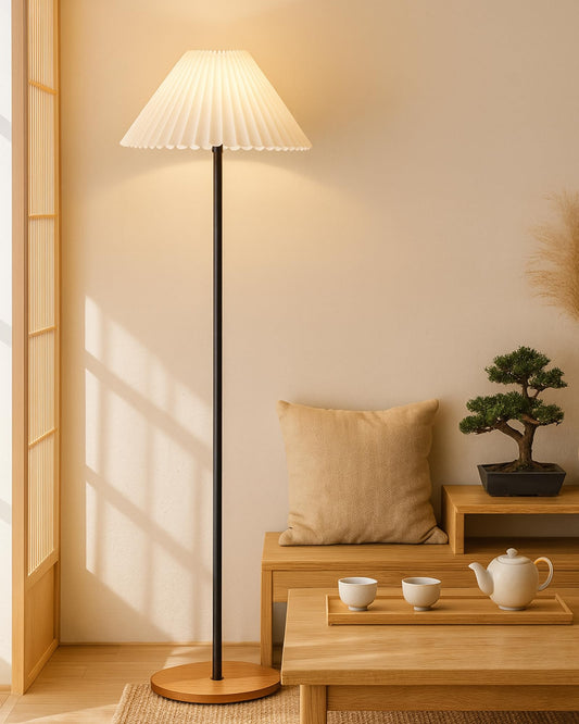Homesake® Modern Floor Lamp for Living Room Traditional Farmhouse Boho Floor Lamp Mid-Century Pole Lamp, Linen Lamp Shade Side Standing Lamps | Corner Lamp Light | Hall Bedroom Office, Pleated White