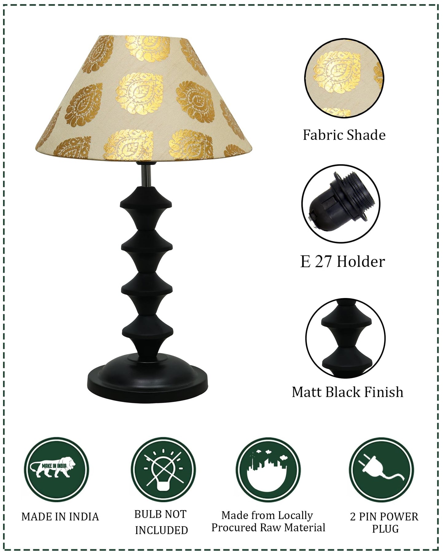 Black Metal Table Lamp with Fabric Shade, B22 holder, Pillar