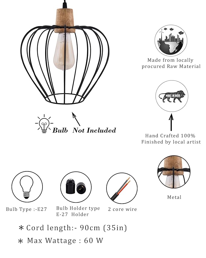 Industrial Loft Black Metal Chimney Cage Wood Art Pendant, Hanging Ceiling Lights, Edison Vintage light