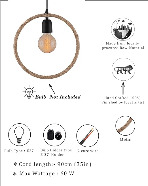 Modern Metal Pendant Lights Hemp Rope Decor Hanging Lamp E27 Loft Ceiling Light with filament bulb
