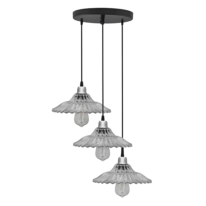 3-lights Round Cluster Chandelier Ceiling Ribbed Glass Hanging Pendant Light with Braided Cord, URBAN Retro, nordic style, LED/filament bulb