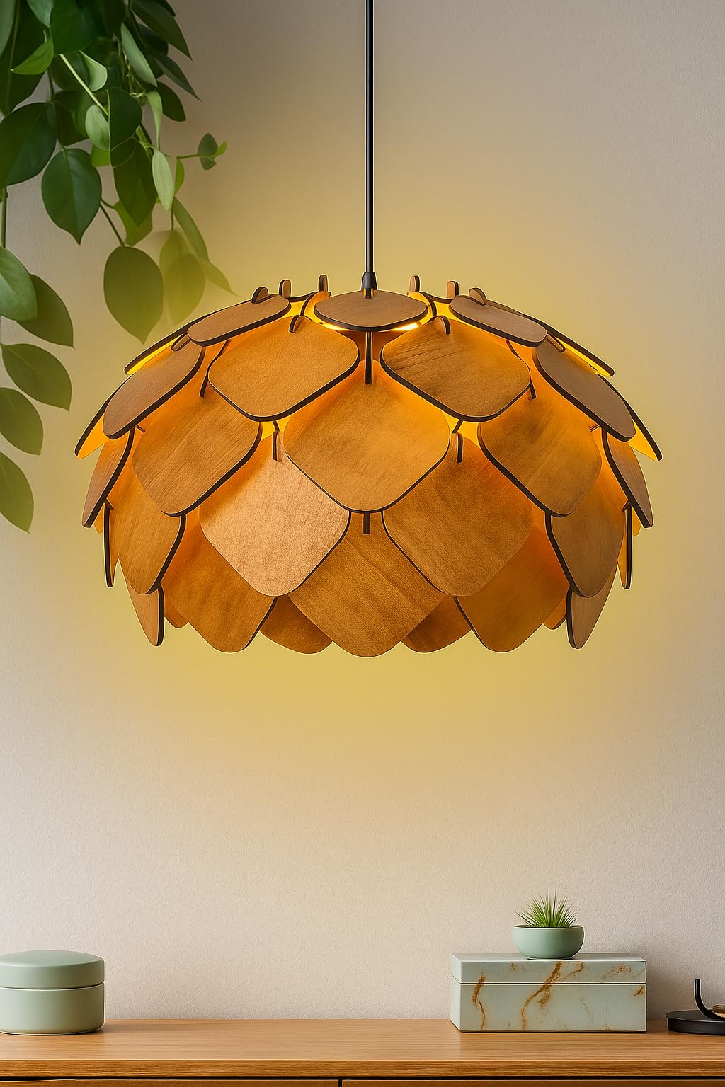 Homesake® Handcrafted Wooden Pendant lamp, Design Ceiling lamp,Hanging lamp Home decor Chandelier Light | E27 Bulb Included | Decoration for restaurants, Hotel, Home,Bedroom, Dining & Café