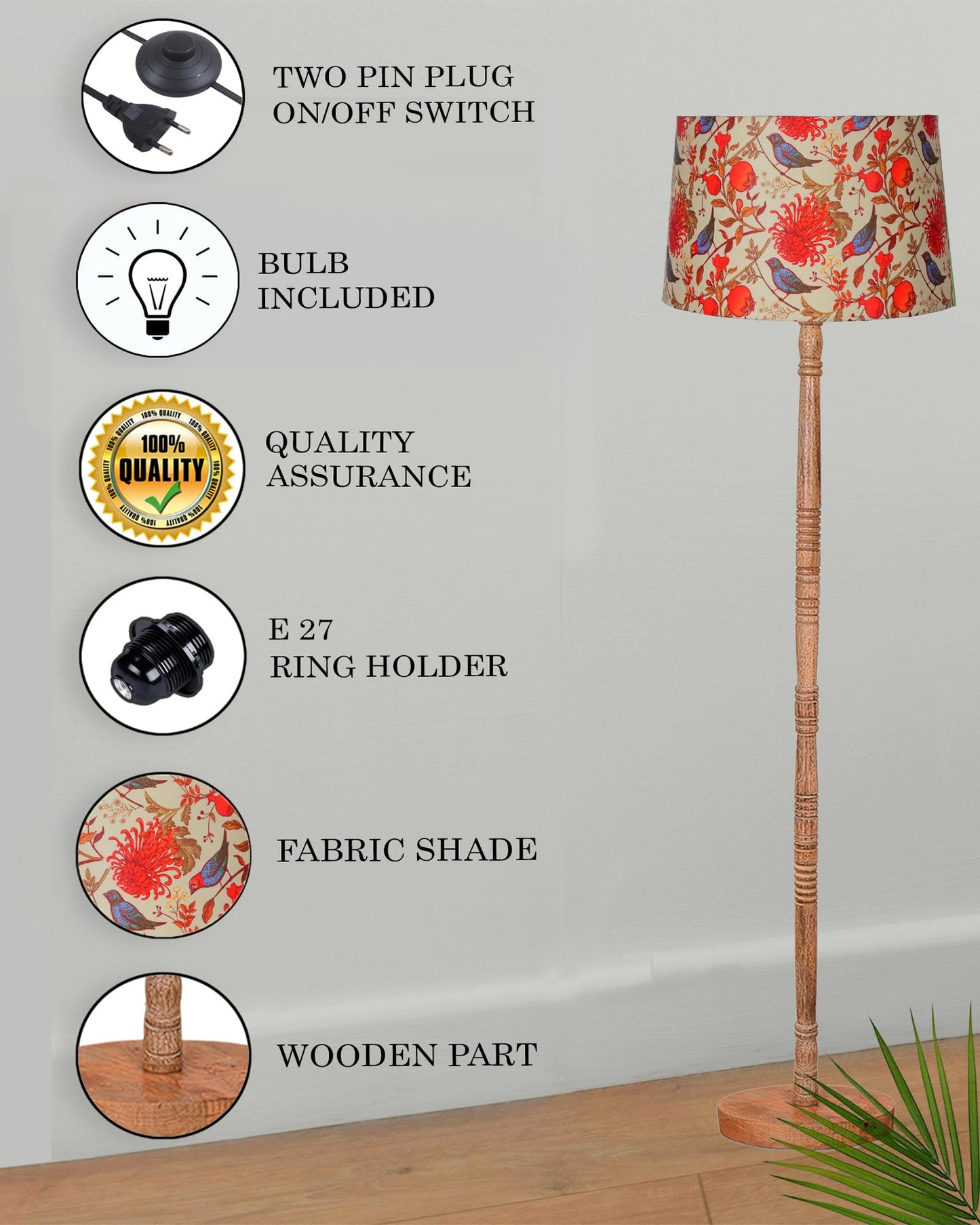 Homesake® Mid Century Modern Floor Lamp for Living Room | Hand turned | Corner Lamp for Living Room, Stand Lamp with Fabric Lampshade for Bedroom, Study Room and Office, (Vine and Flowers)