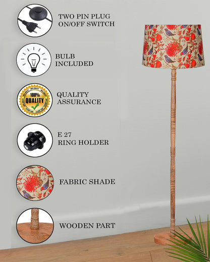 Homesake® Mid Century Modern Floor Lamp for Living Room | Hand turned | Corner Lamp for Living Room, Stand Lamp with Fabric Lampshade for Bedroom, Study Room and Office, (Vine and Flowers)