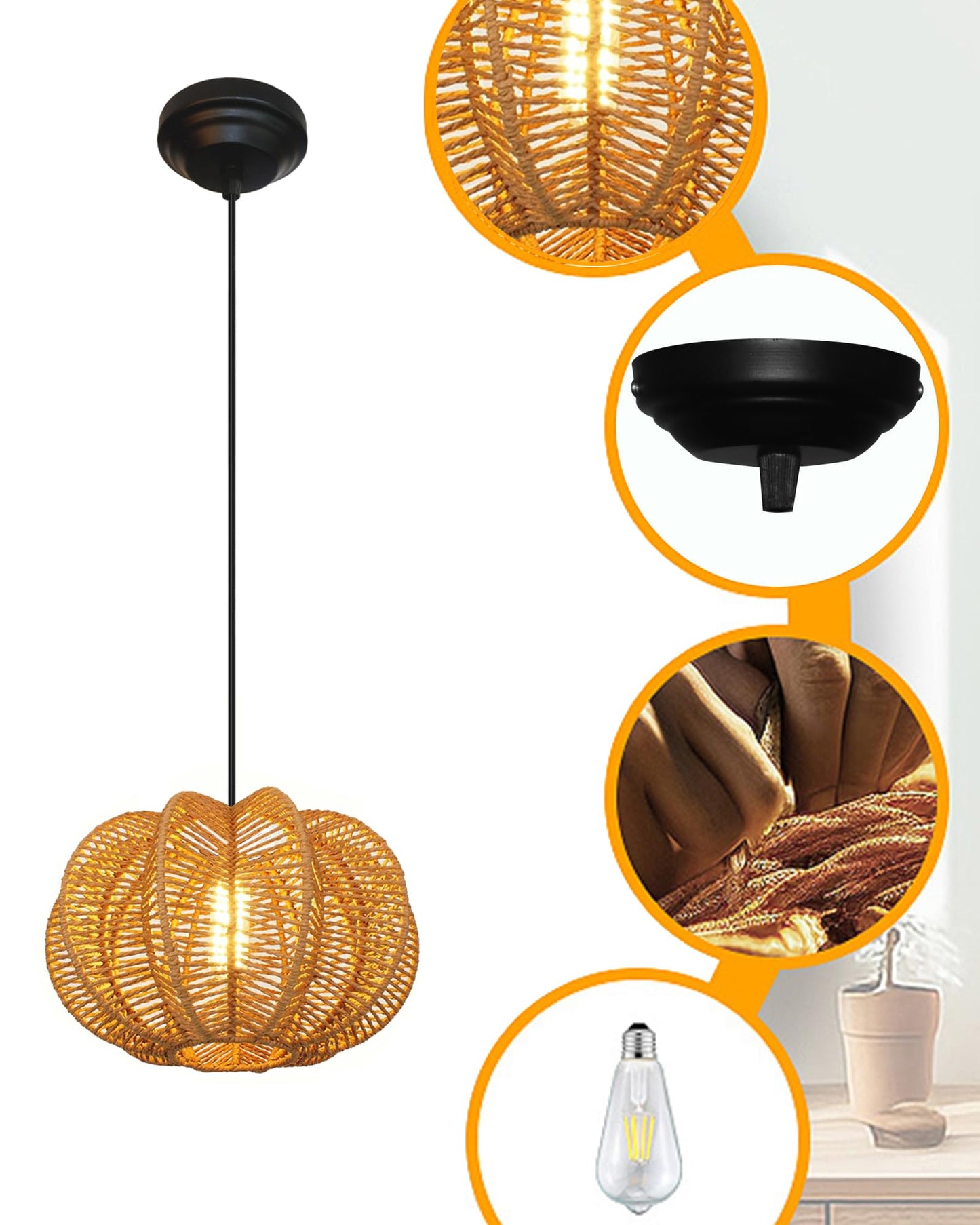 Homesake® Rattan Seagrass Raffia Kauna Paper Grass Wicker Lamp Premium Pendant Light | Livra Hanging Ceiling Lamp Handwoven, Paper Rope Boho Hand-Woven Lampshade for Home Decor, Beige, pumpkin