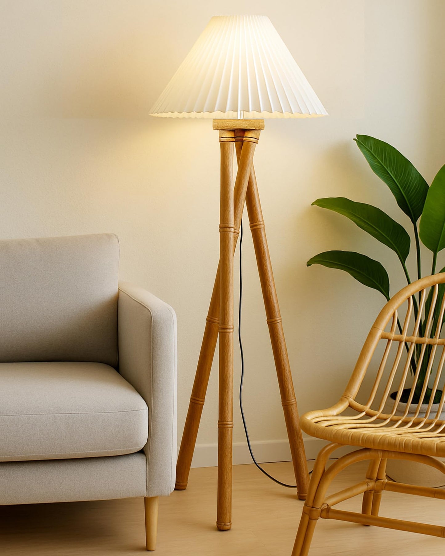 Cross-leg Wood Tripod Floor Lamp, Mid Century Standing Lamp, E27 Lamp Base, With Shade Modern Design Floor Reading Lamp for Living Room Bedroom, Study Room and Office