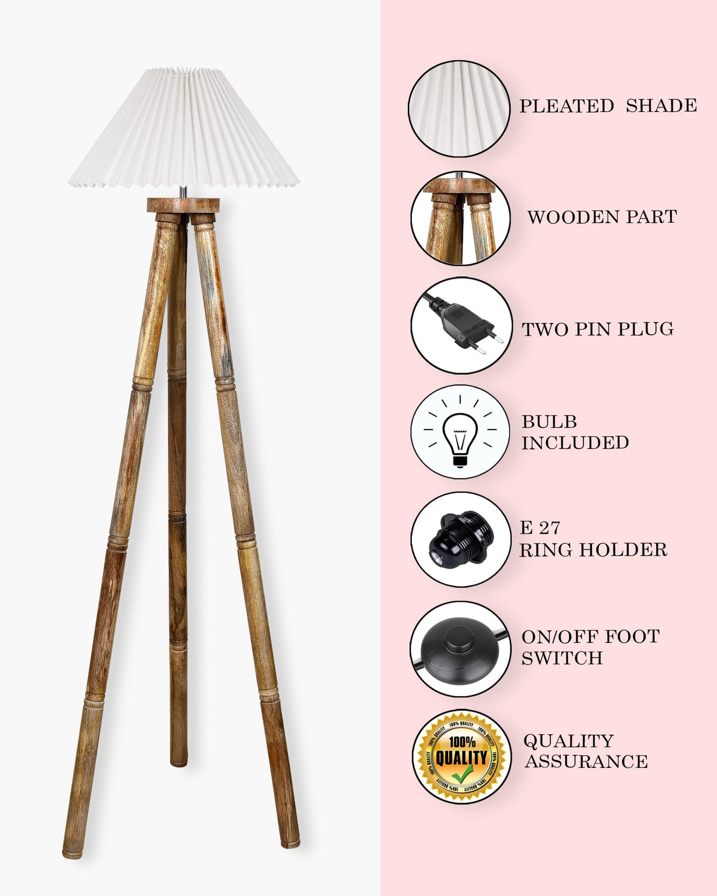 Wood Tripod Floor Lamp, Mid Century Standing Lamp, E27 Lamp Base, With shade Modern Design Floor Reading Lamp for Living Room Bedroom, Study Room and Office